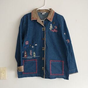 Vtg Teddi Chore Jacket Womens M Blue Denim Embroidered Heart Pocket Corduroy 90s